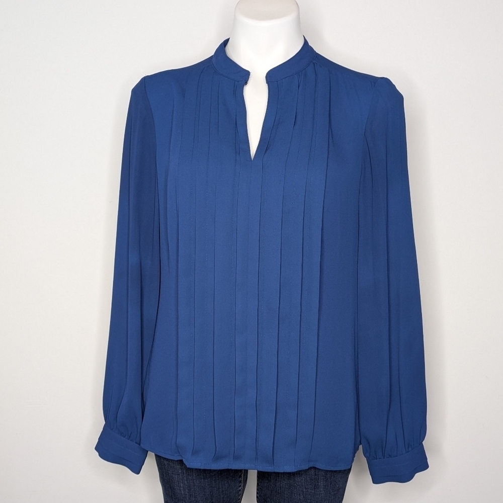 WHBM Blue Slit Neck Long Sleeve Professional Blouse 6